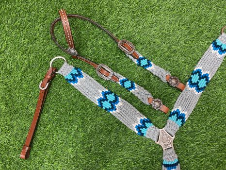 Showman Corded One Ear Headstall and Breast Collar Set - Gray&#47;Blue #2